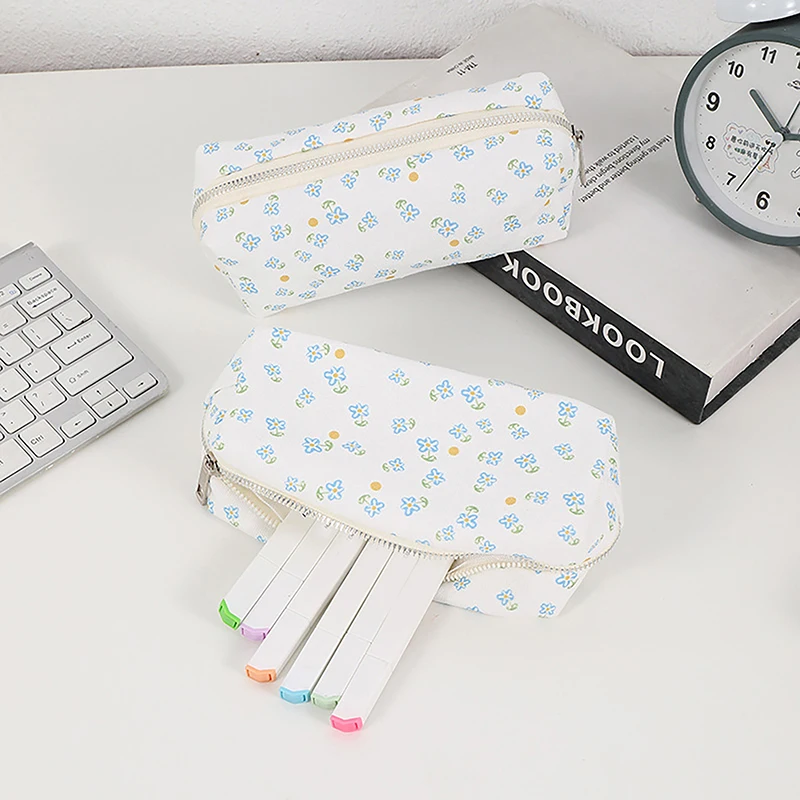 Simple Large Capacity Floral Pencil Case Cute Pencil Pouch Portable Cartoon Canvas Stationery Storage Bag School Supplies Gifts