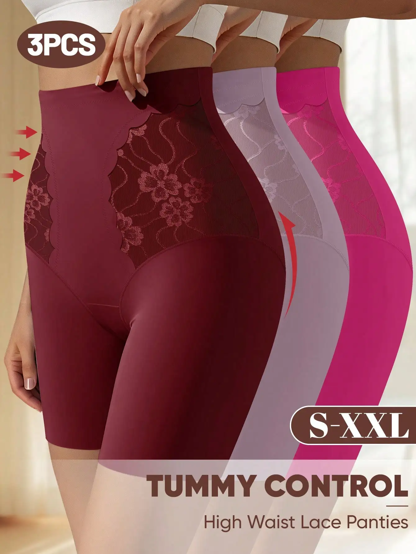 

Комплект из 3 шт. женских кружевных трусиков с высокой талией и утягивающим эффектом (утягивающие трусики-шорты)