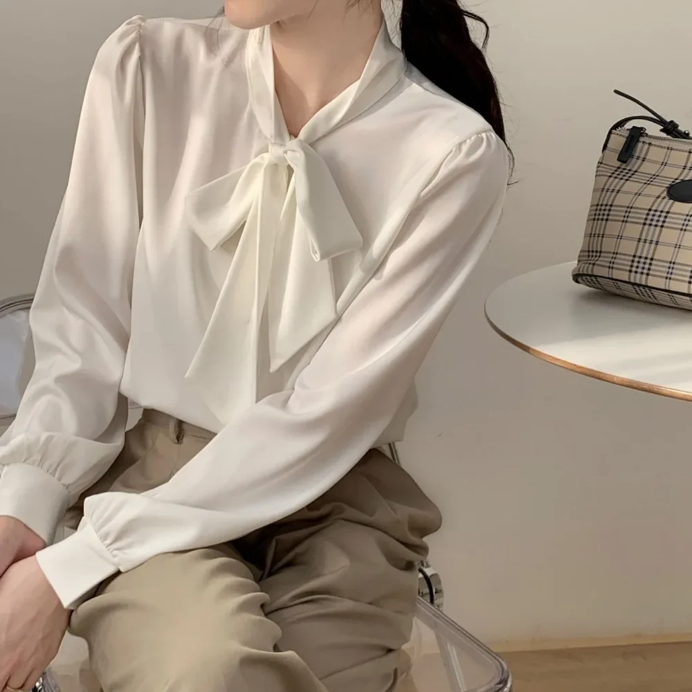 Women Shirts Smooth Delicate Mature Skin-friendly Elegant Office Lady Lace Up Simple Popular Korean Style New Spring Temperament