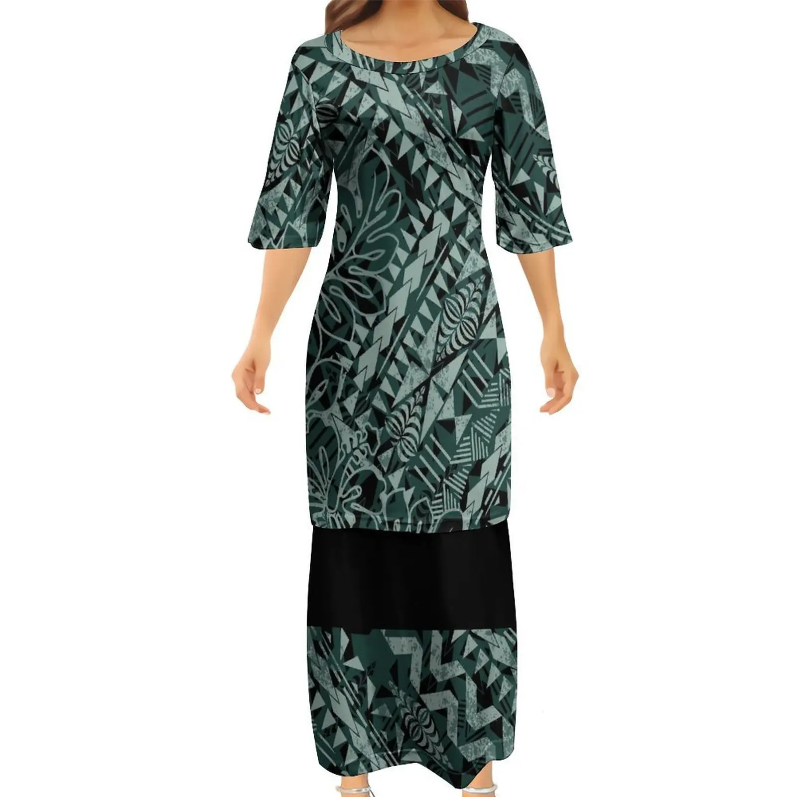 

AIsland Retro Ethnic Tribal Design Women'S Puletasi Polynesian Women'S Dress Custom Pattern High-Quality Long Dress For Banquets