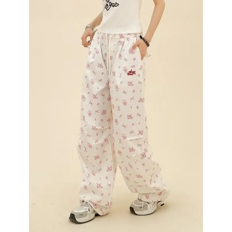 QWEEK Y2k Coquette Flower Print Cargo Pants Women Baggy Korean Wide Leg Vintage White Trousers America High Waist Aesthetic