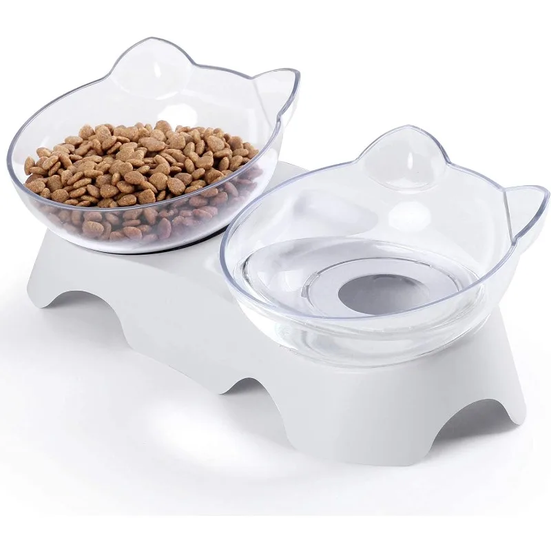 Cat Food Bowls Non-Slip Double Cat Bowl Dog Bowl with Stand Elevated Tilted Anti Vomiting Orthopedic Kitty Bowls Pet Products