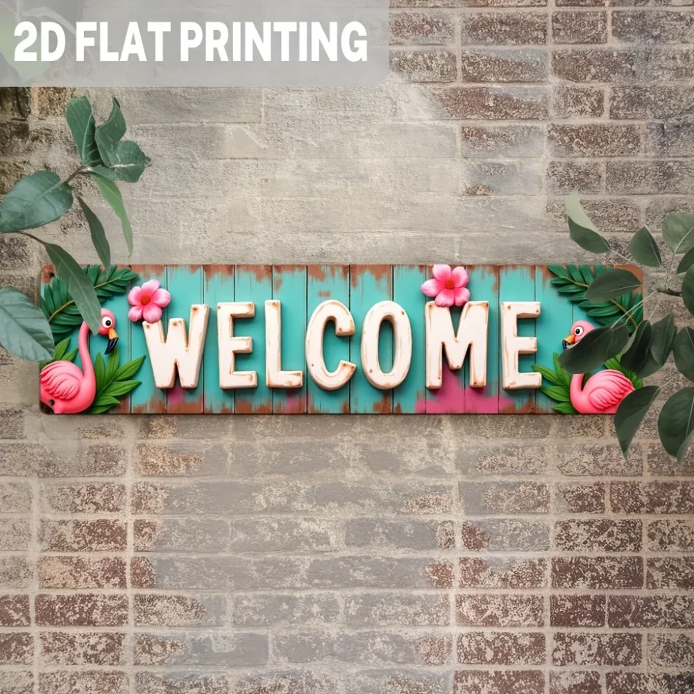 1pc Metal Flamingo Sign - Tropical Rustic 2D Flat Welcome Decor with Pink Flamingos & Green Leaves, for Bedroom Living Room