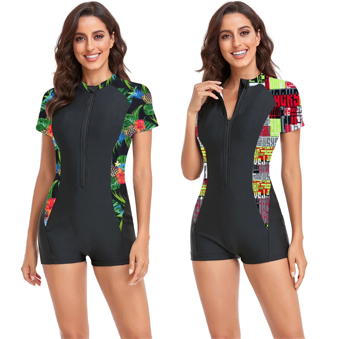 

New One-Piece Boxer Swimsuit Large Size Short-Sleeved Bikini Splicing Print Women's Swimsuit