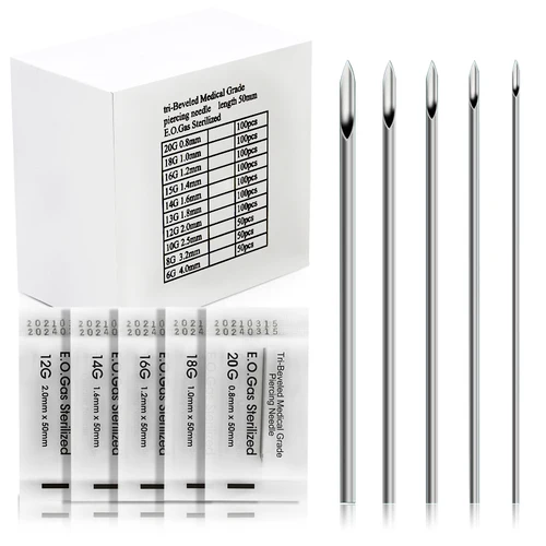 Agujas desechables para Piercing corporal, aguja de tatuaje de acero quirúrgico estéril para ombligo, pezón, oreja, nariz, labio, 12G, 14G, 16G, 18G, 20G