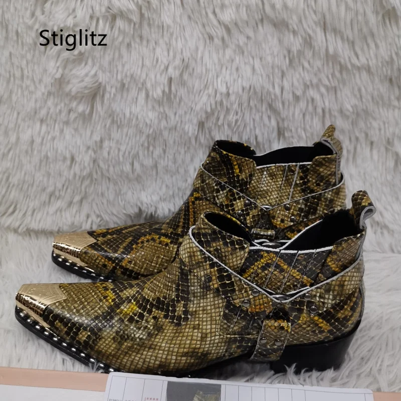 

Buckle Strap Snakeskin Ankle Boots Men Red Yellow High Heels Slip On Genuine Leather Work Safety Boots Metal Decor Men's Shoes