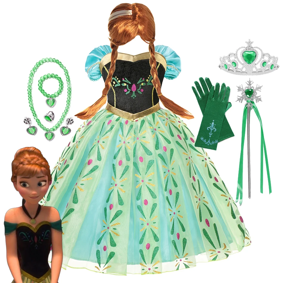 

Disney Frozen Princess Anna Dress Girls Vestidos Party Birthday Clothing Kids Wig Crown Gloves Halloween Cosplay Costume