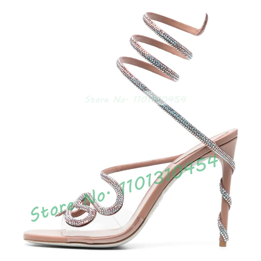 Crystal Snake Wrap PVC Sandals Women Sparkly Colorful Rhinestones Clear Upper Shoes Lady Luxury Pinkish Gray Cross Strap Sandals