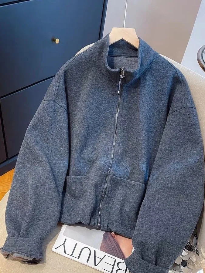 

Высококачественная однотонная утепленная бейсбольная куртка с воротником-стойкой и флисовой подкладкой, женская толстовка, верхняя одежда, осень-зима, корейский стиль