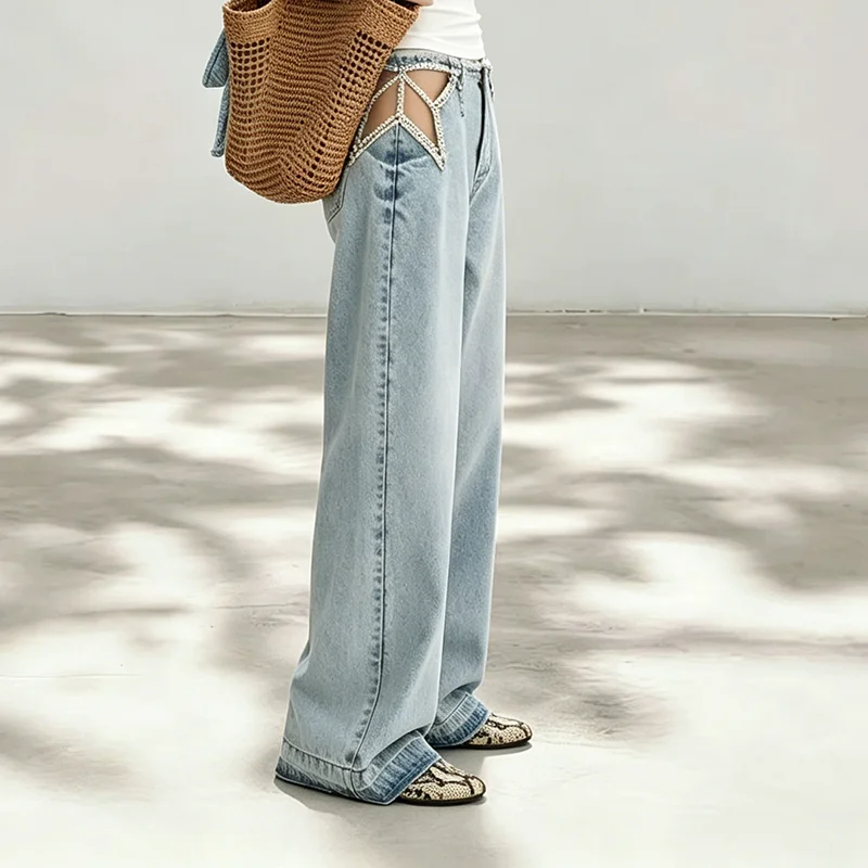 Chic Rhinestone Fringed Hollow Jeans Women Low Waist Wide Legs All-matching Denim Pants Female 2026 Spring Summer Lady Bottoms