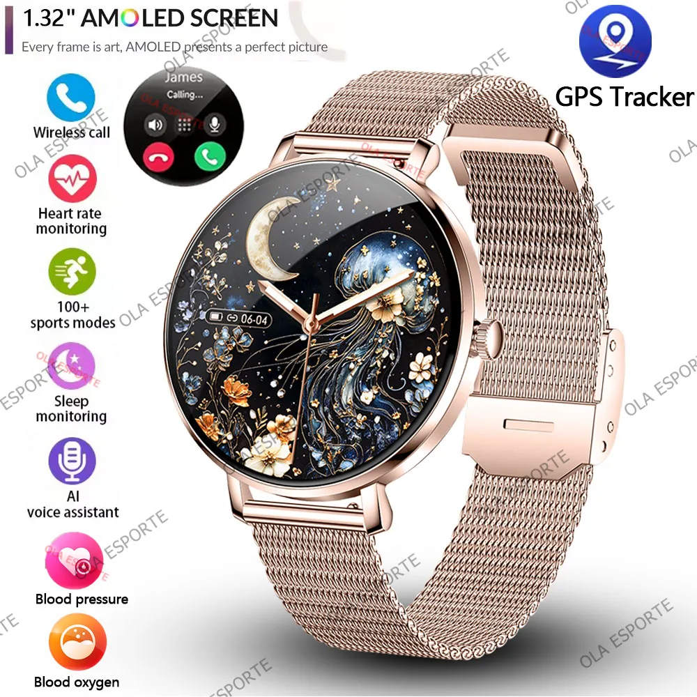 

1,32-дюймовый AMOLED-экран, модные женские умные часы, экран, всегда дисплей, Bluetooth-вызов, умные часы, металлический корпус, маленький экран, часы