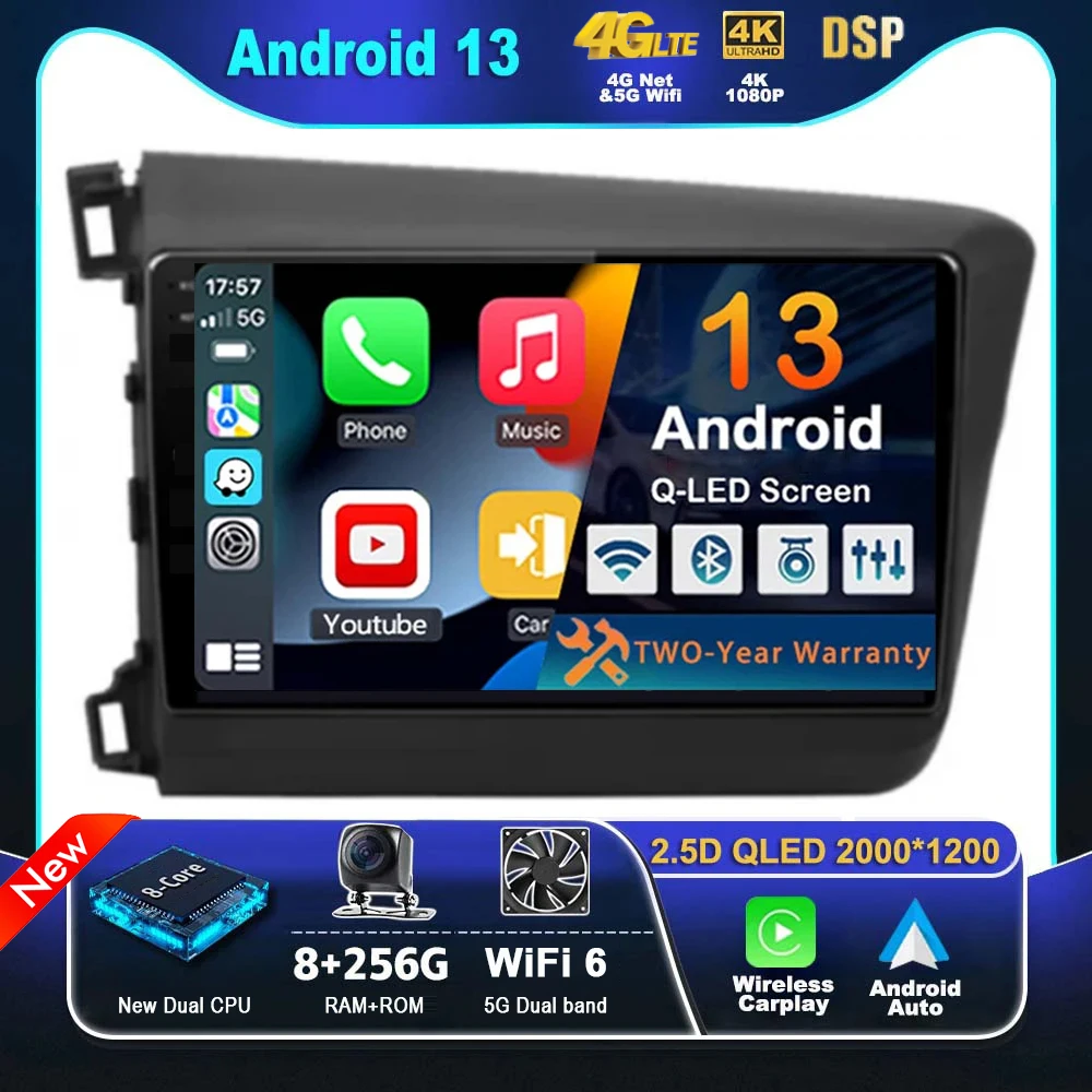 

9 Inch Car Radio Android 13 For Honda Civic 2012 2013 2014 2015 CarPlay Multimedia Video Player DSP GPS Navigation Autoradio BT