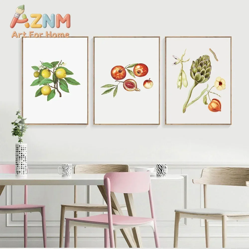 Pomegranate Lemon Fruits Vintage Nordic Posters Minimalist Print Canvas Painting Wall Art for Living Room Modern Home Decor