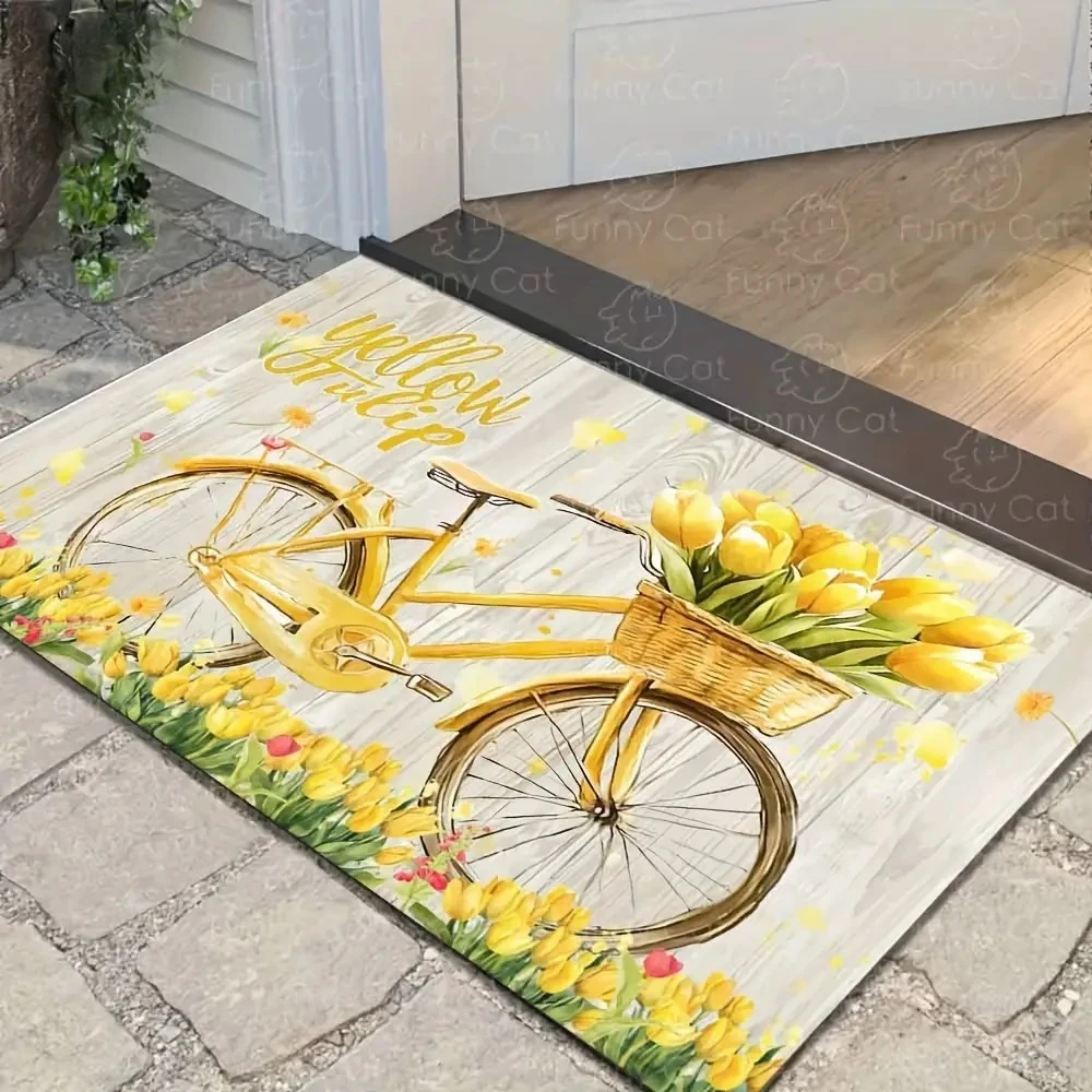 Yellow Tulip Spring Garden Bicycle Decorative Area Mat Rug Runner for Kitchen Bathroom Entryway Waterproof Floor Mat Decor