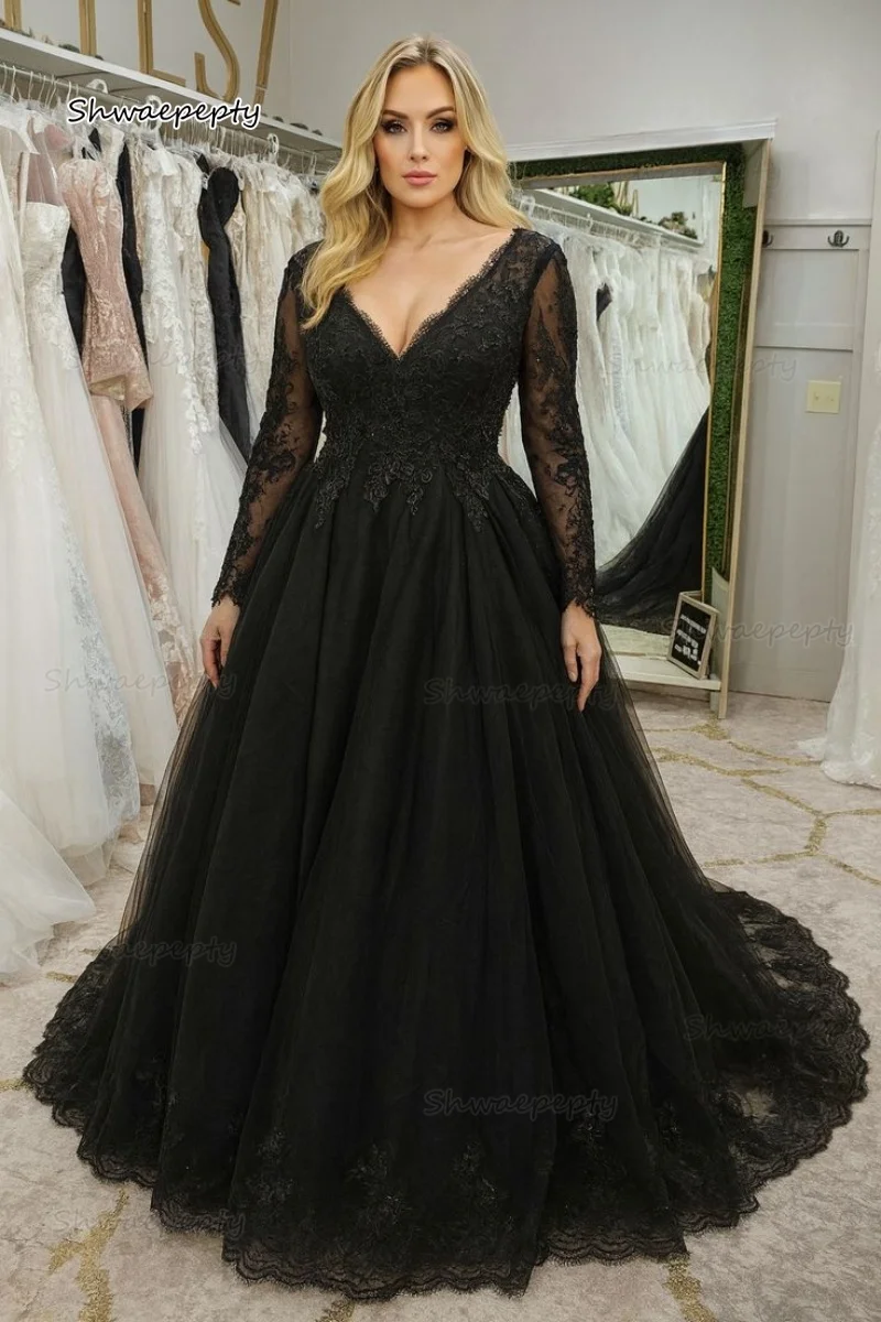 

Gothic Black Wedding Dress Long Sleeves A-Line Tulle Bridal Gowns Lace Appliques V-Neck Vintage Vestidos De Novia Customized