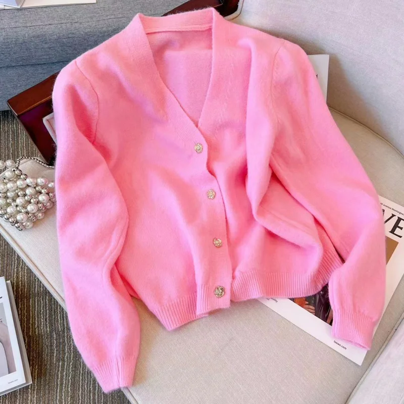 

Women Pink Clothing Vintage Knitting Sweater Solid V-neck Long Sleeve Cardigan Fashion Baggy Female Winter NEW Stripe Tops