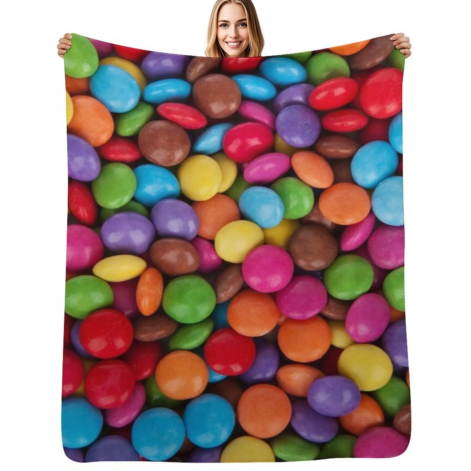 Colorful Candy Texture M&Ms Skittles Rainbow Small Round Bite Candies Throw Blanket Modern Design Soft Blanket for Home Decor