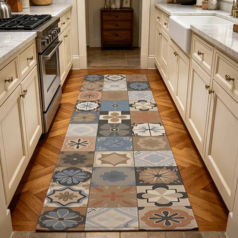 Retro Tile Pattern Runner Rug Vintage Patchwork Floral Geometric Long Hallway Carpet Multi Color Kitchen Runner Rug for Indoor Corridor Entryway
