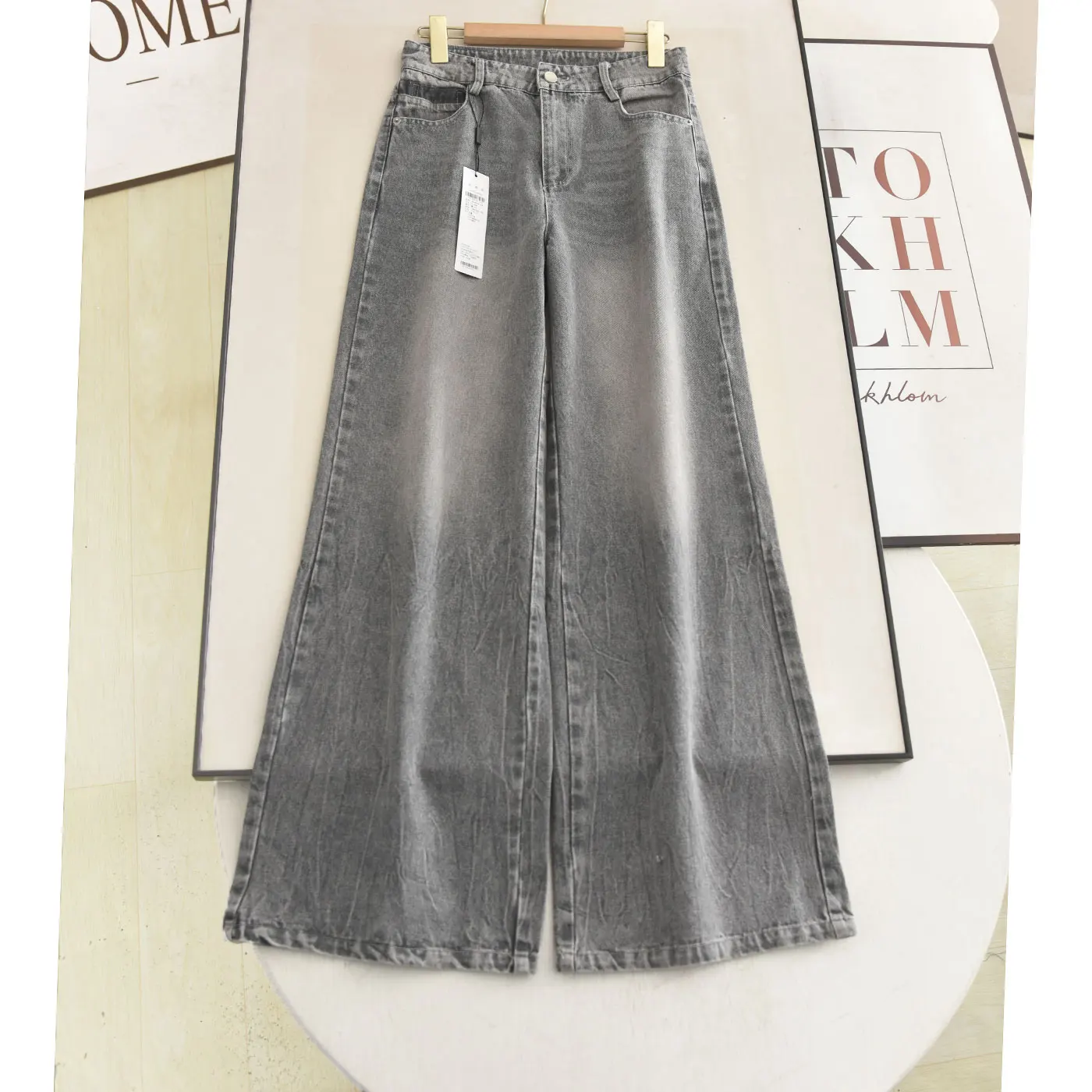 

High Waist Straight Leg Grey Jeans Women's Spring Summer Vintage American Style Slimming Versatile Long Pants Ladies' Jeans