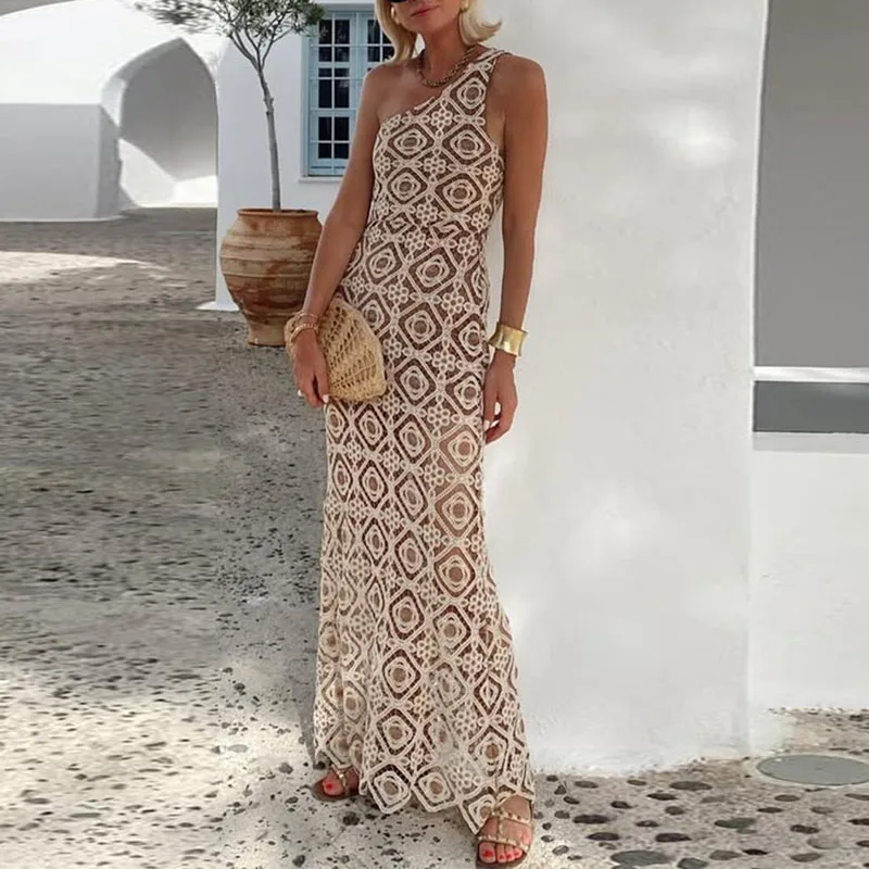 Robes pour femmes printemps nouvelle épaule inclinée dos nu Jacquard robe longue été creux sans manches imprimé dentelle tricot robe au Crochet