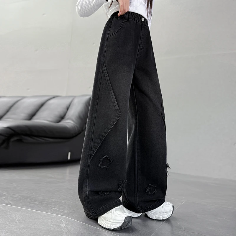 جينز أنيق فاخر للأطفال بأرجل مستقيمة مع نجوم للفتيات سراويل جينز عالية الشارع للأطفال سراويل جينز سوداء وزرقاء #3