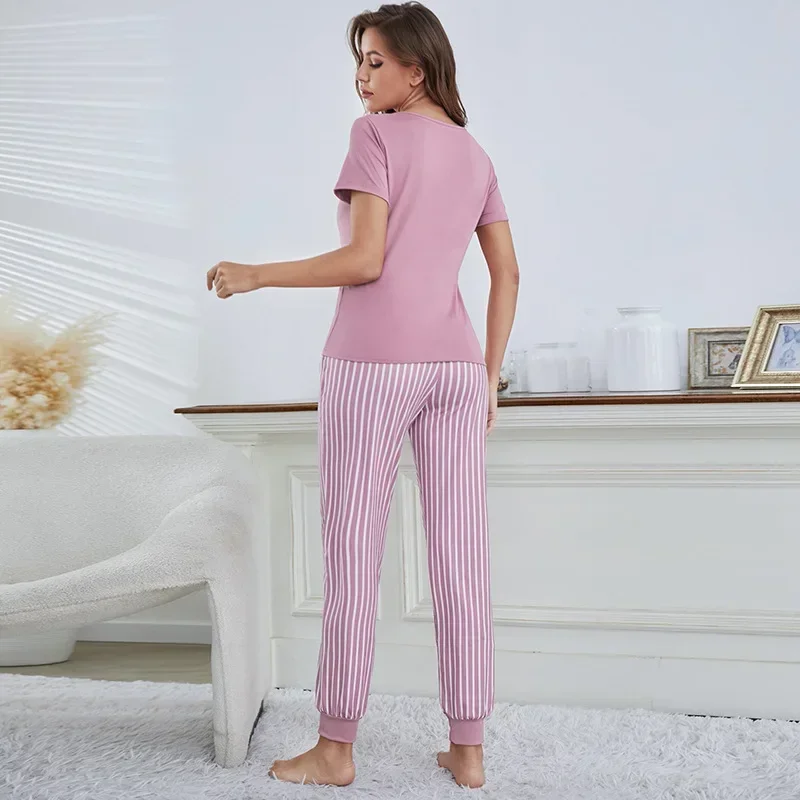 Conjunto de pijamas de 2 piezas para mujer, traje de casa para mujer, ropa de estar por casa suelta, traje de manga corta, pantalones largos, otoño