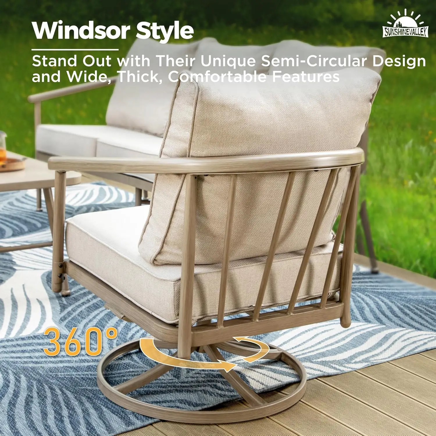 4 Piece Metal Outdoor Patio Furniture Sets, Unique Windsor Style Patio Conversation Sets 1 3-Seater Sofa,2 Swivel Sofas and Coff