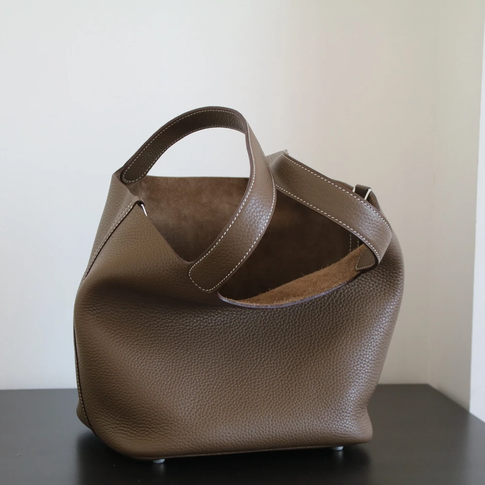 High Quality Luxury Bucket Bag Genuine Leather Women Tote Bag\\Handbag Fashion Simple Real Cowhide Leather Female Bag Soft Big