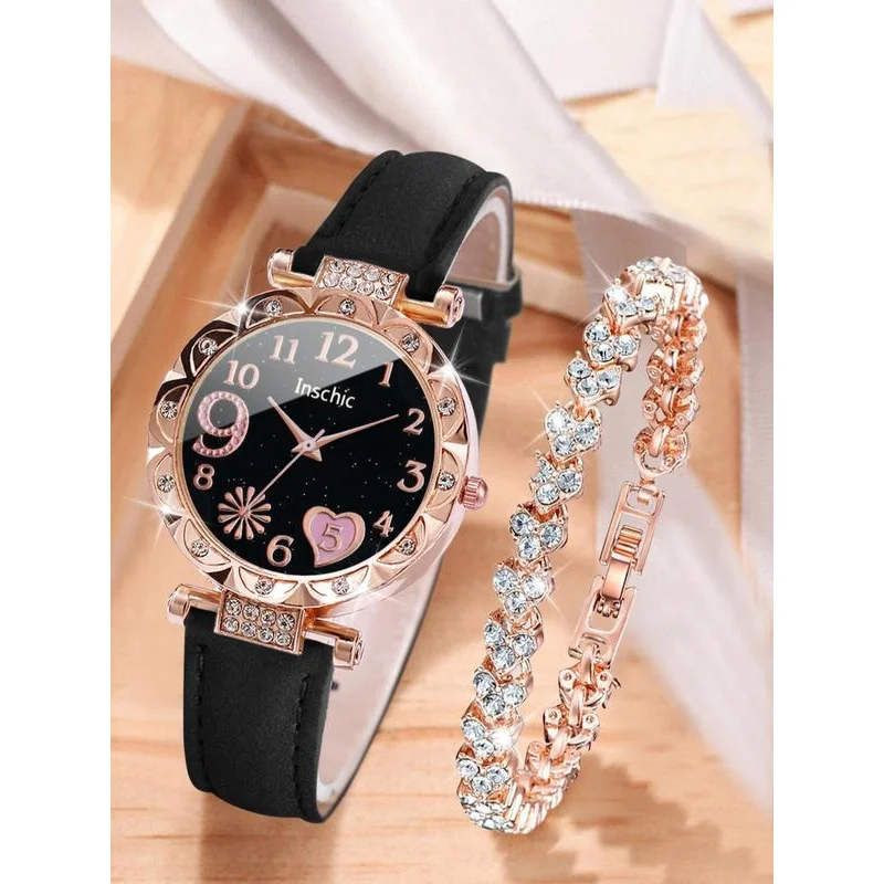 Women's Elegant Round Dial Quartz Watch & Bracelet, 2024 New Trendy Sparkly Luxury Heart Design Bracelet, Rhinestone Decor Wrist