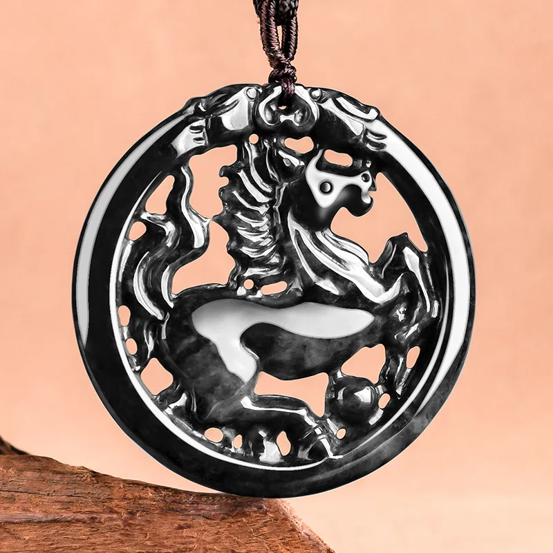 

Natural A-goods Jade Zodiac Horse Success Black Fortune Jadeite Pendant Men's Women's Gifts Jewelry Drop Shipping