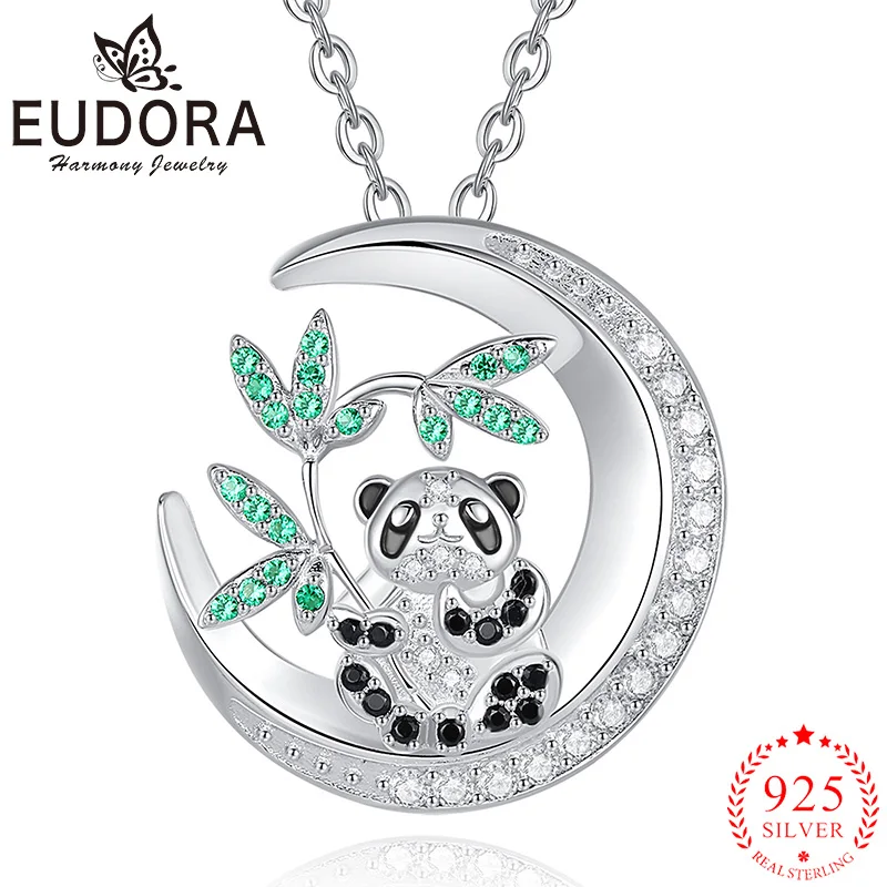 Eudora 925 Sterling Silver Cute Panda Necklace AAACubic Zirconia Moon Pendant Elegance Woman Jewelry Exquisite Party Gift