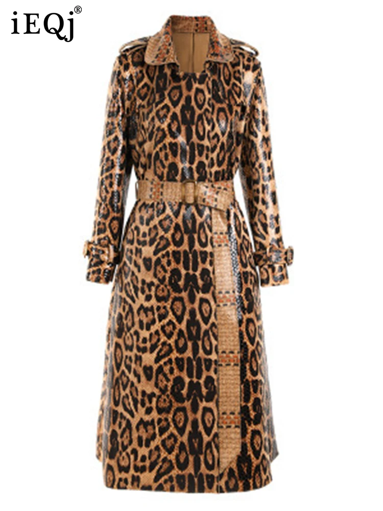 IEQJ British Leopard Printed Pu Leather Trench Coat For Women Lapel Long Ssleeve Belted Windbreaker 2024 Autumn New Tide 3WQ1248