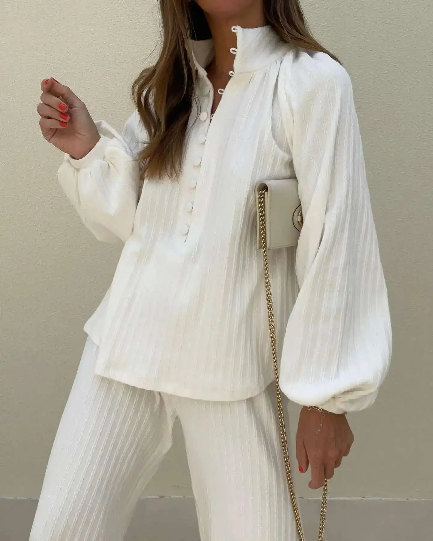 BabYoungPlisowane jednolite spodnie zestaw damski luźna koronka V Neck spodnie z wysokim stanem rozkloszowana koszula z rękawami typu lampion garnitur damski