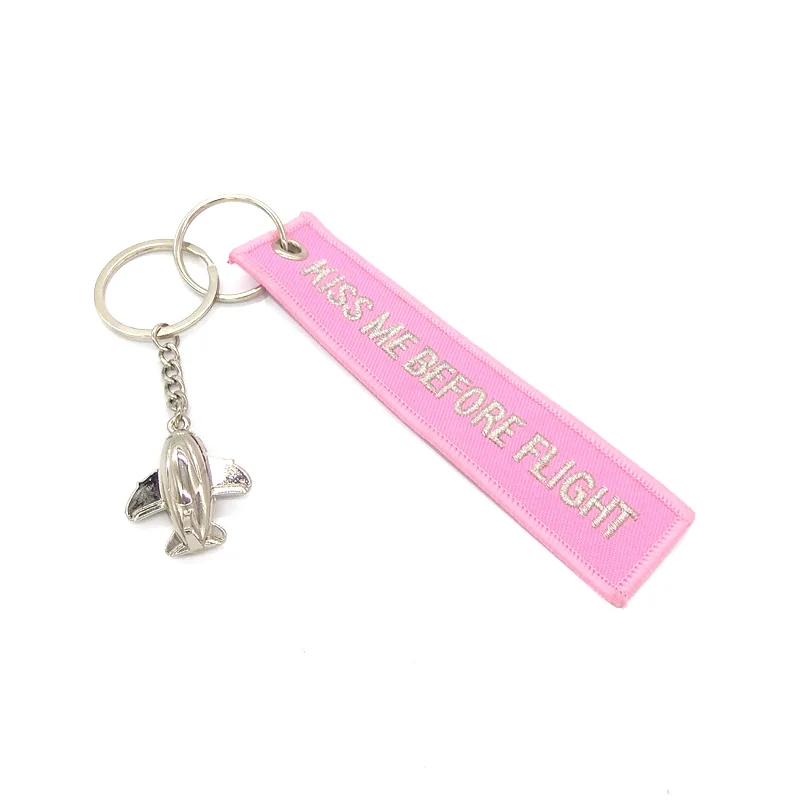 Pink Kiss Me Before Flight Key Chain Label Embroidery Keychain with Metal Plane Key Chain for Aviation Gifts Car Keychains