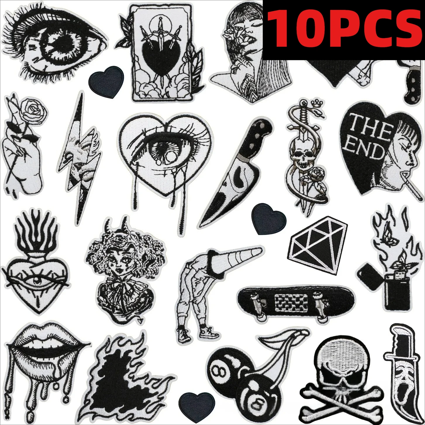 

Оптовая продажа: 10 шт. нашивок-аппликаций для одежды с вышивкой (черно-белые цветы, губы, молния), термоаппликации для утюжки