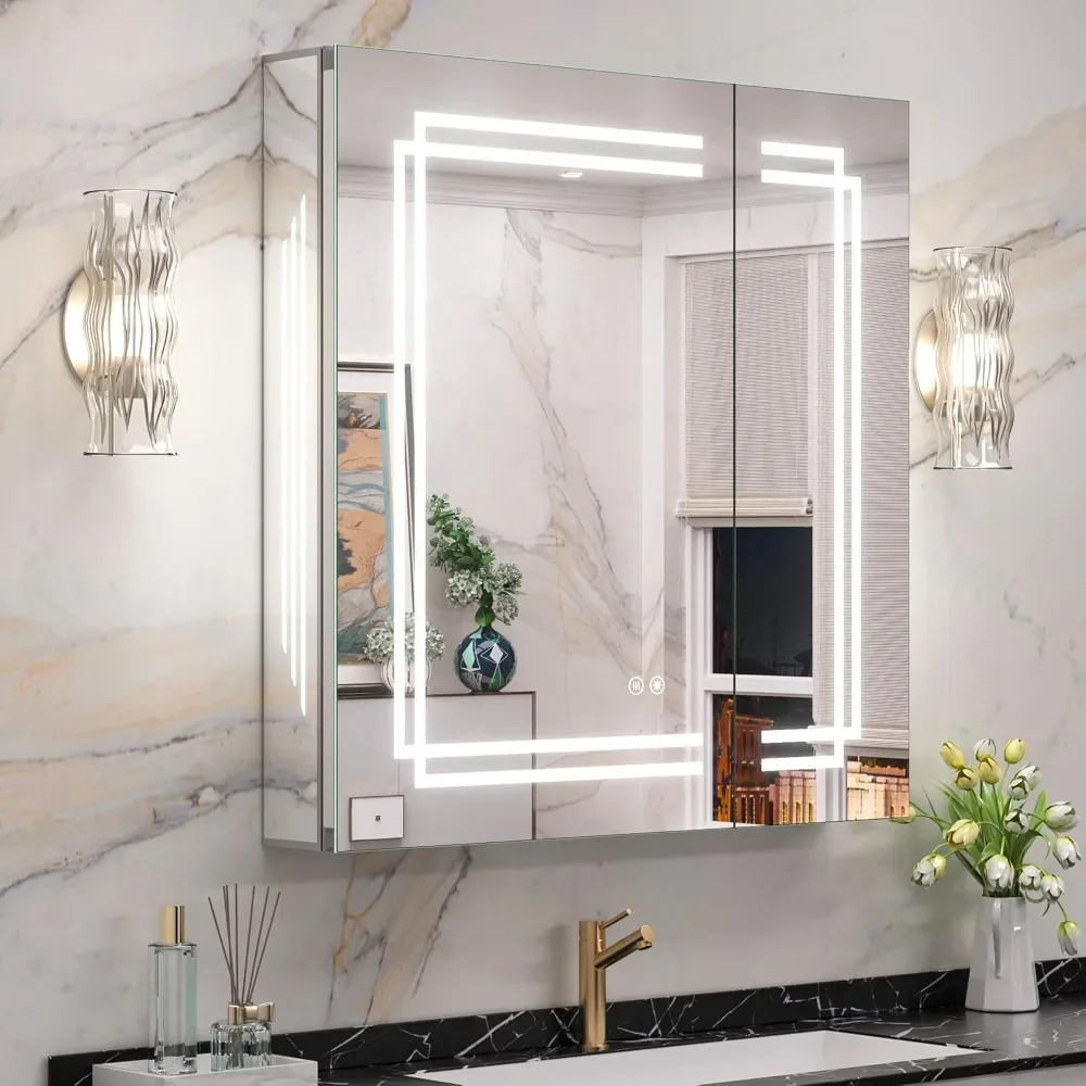 Mirror Cabinet with Adjustable Shelves Dimmable & 3 Color Temperature Lights, Anti-Fog Wall Mount LED Medicine Cabinet