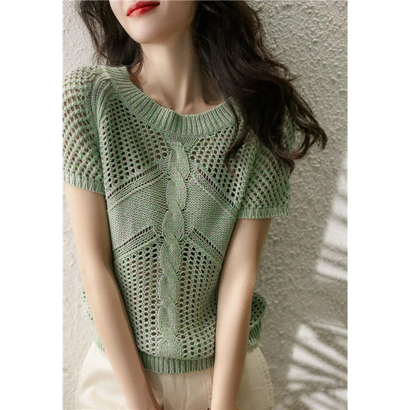 Stylish O-Neck Knitted Loose Hollow Out Blouse Female Clothing 2023 Summer New Casual Pullovers Tops Short Sleeve Korean Shirt