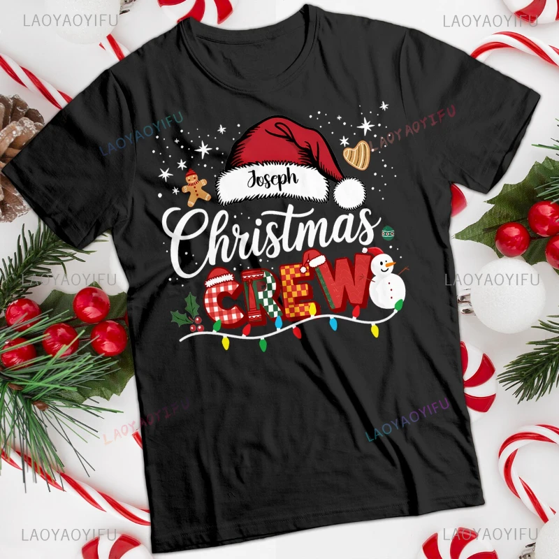 

Personalised Mens and Womens Christmas Crew Snowman T-Shirt Fashion Round Collar Graphic T Shirts Christmas Hat Print Cotton Tee