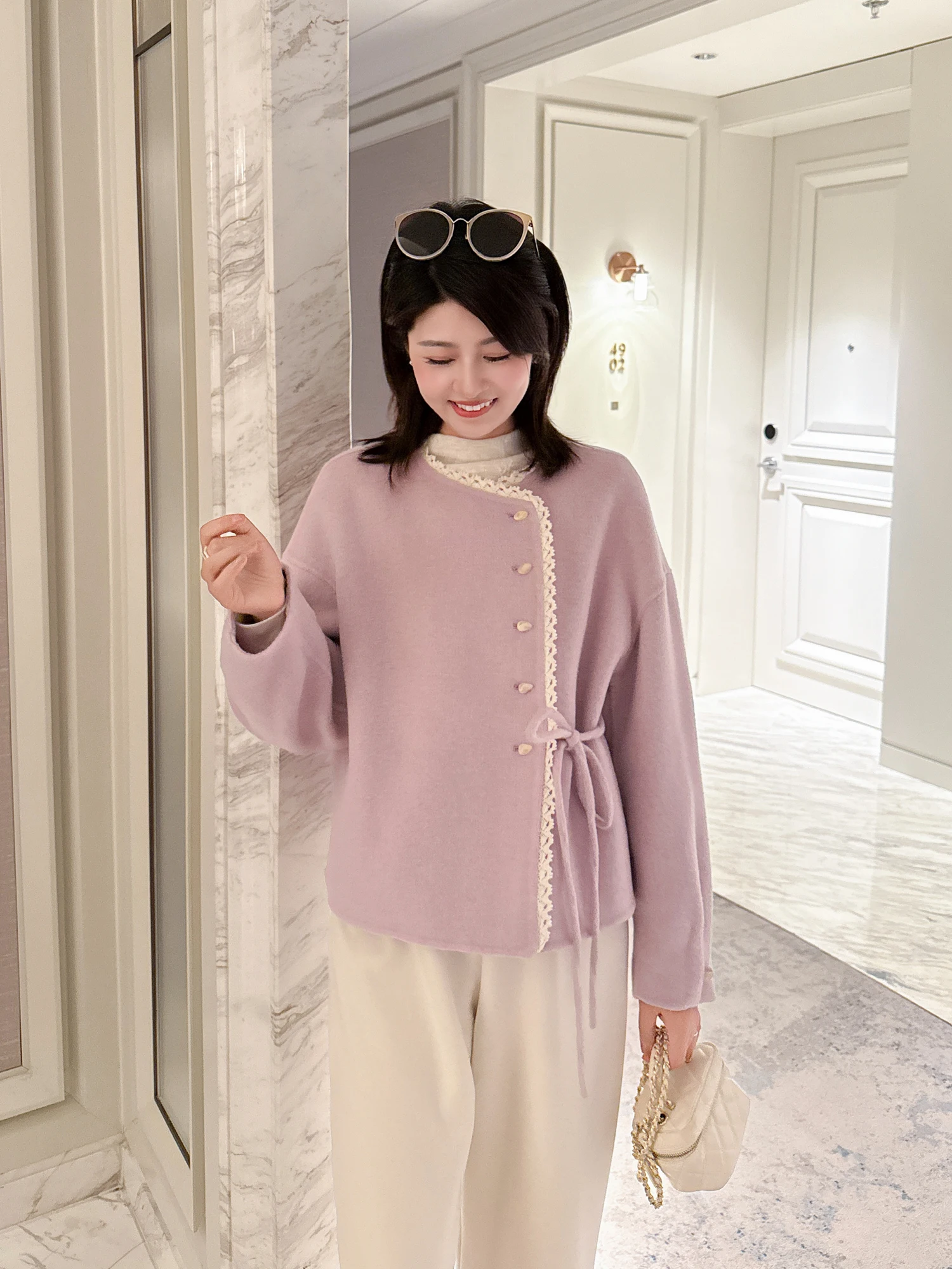 

Zillal Double-Faced Woolen ort Coat Women's Ballet Lace Splicing Knotted Waist Design Casual Sle round Ne Buttoned Jaet