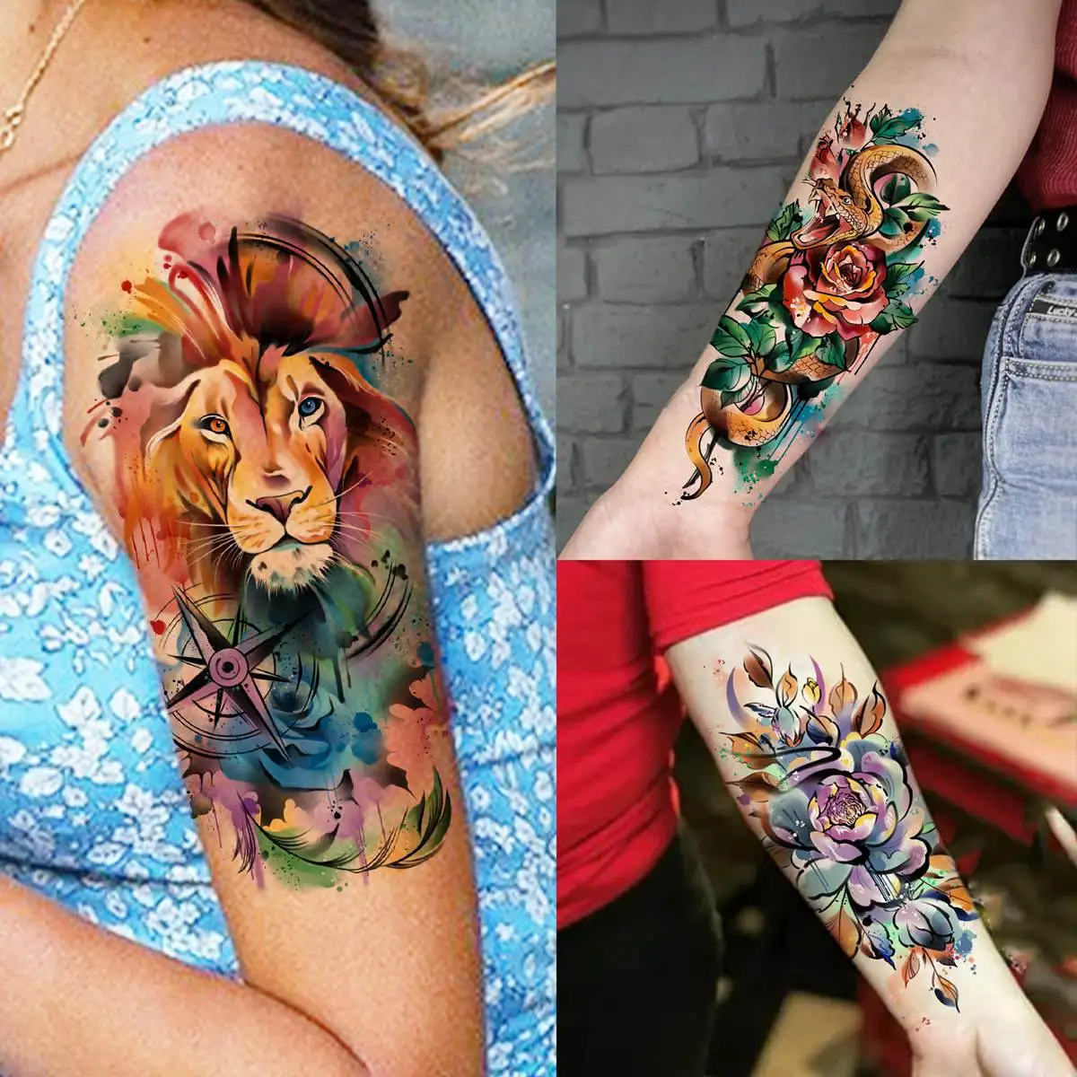 Tatuajes Temporales 3D de rosas de acuarela para mujeres y niñas, tatuaje falso de flor de peonía, León y Tigre, 63 hojas