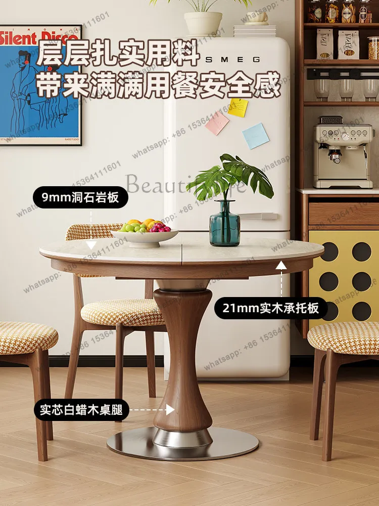 YJ travertine rock slab telescopic round solid wood dining table variable oval stretching small apartment