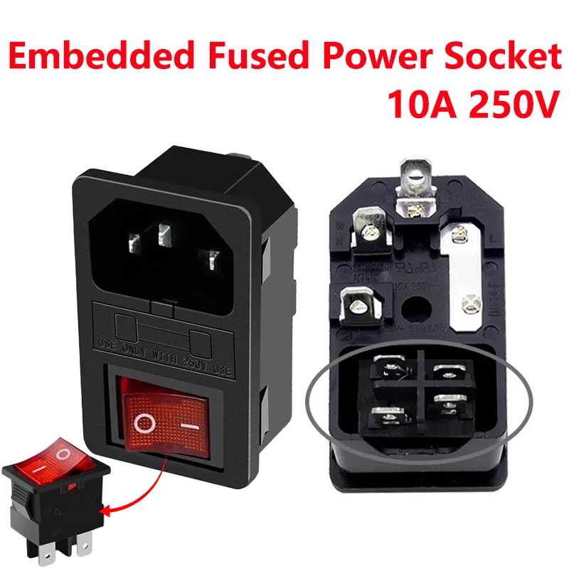 5PCS 10A250VAC 3Pin AC inlet connector plugpower socket with lamp rocker switch  lEC320 C14 Threein one power socket AC-01