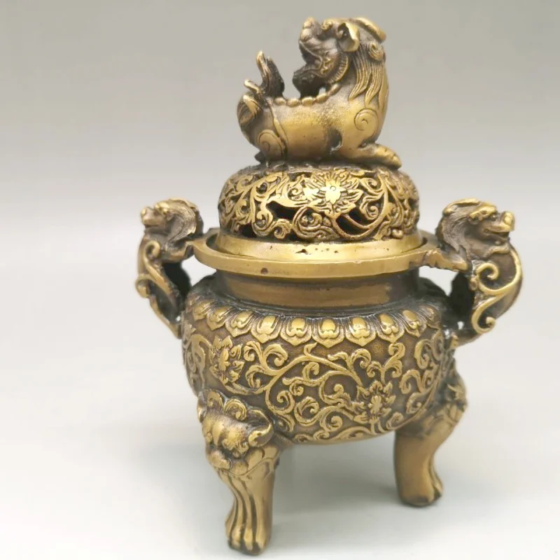 antique old Bronze Signed lucky dragon lion Statue Incense Burners Censer