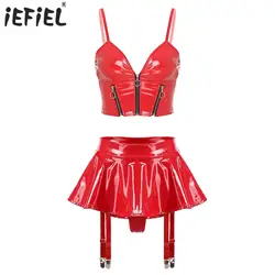 Glossy Patent Leather Crop Top And Miniskirt Lingerie for Women Front Zipper Sling Vest with Miniskirt Built-in Thong Garter