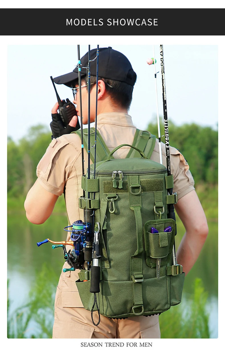 Taktischer Angelrucksack, Tackle-Tasche mit Rutenhaltern, Aufbewahrung von Fischgeräten, Molle, Camping, Wandern, Outdoor, multifunktionale Tasche – Detail 17