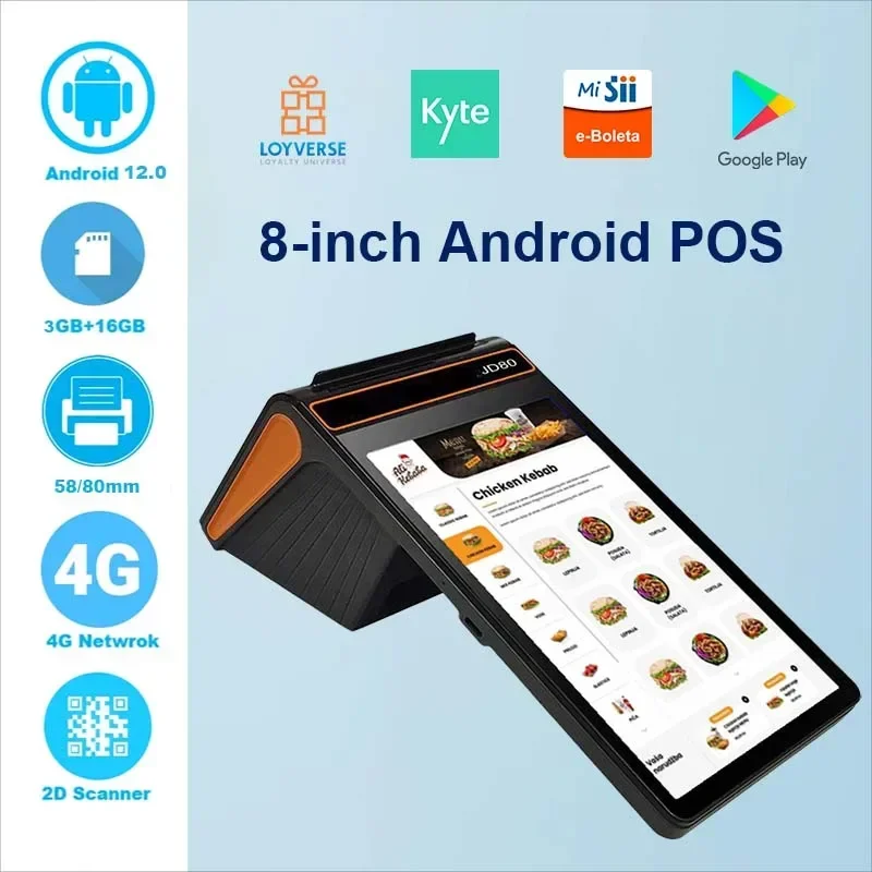 8 inch Android 12 POS Terminal with 58/80mm Printer Loyverse Desktop POS 4G WIFI BT Connection 2D Scanner NFC Cash Register