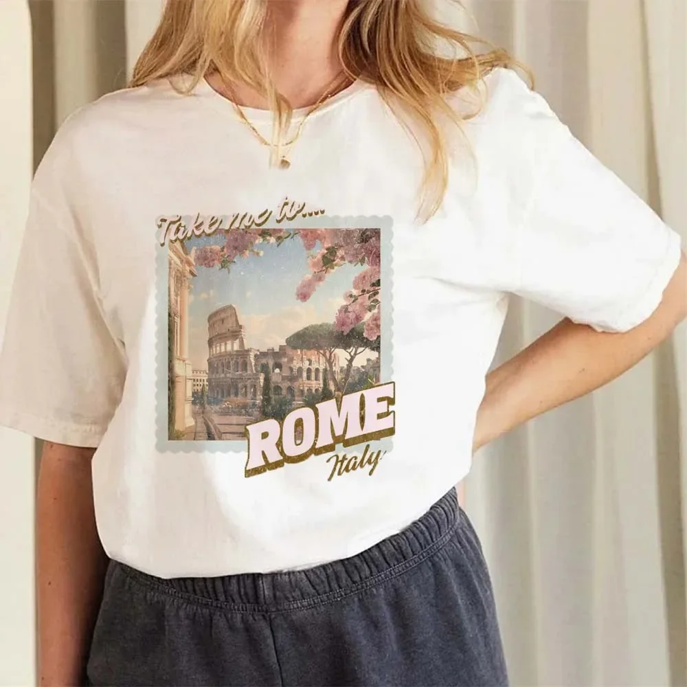 Rome Letter Printed 90s Round Neck Women\'s Pattern T-Shirt Clothing Printed Short Sleeved T-Shirt Casual Fashion Women\'s Clothin