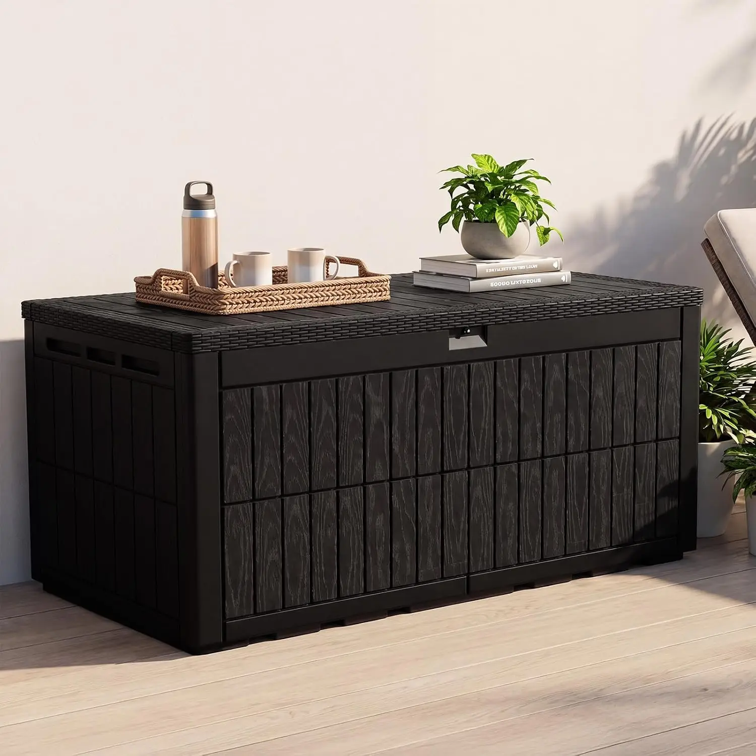 Indoor Outdoor Storage Box 220 Gallon, Large Waterproof Resin Deck Box Organizer Container With Lockable Lid Support, Heavy Duty Weather Resistant Poolside Patio Garden Cushion Bench Cabinet, Gray view 2