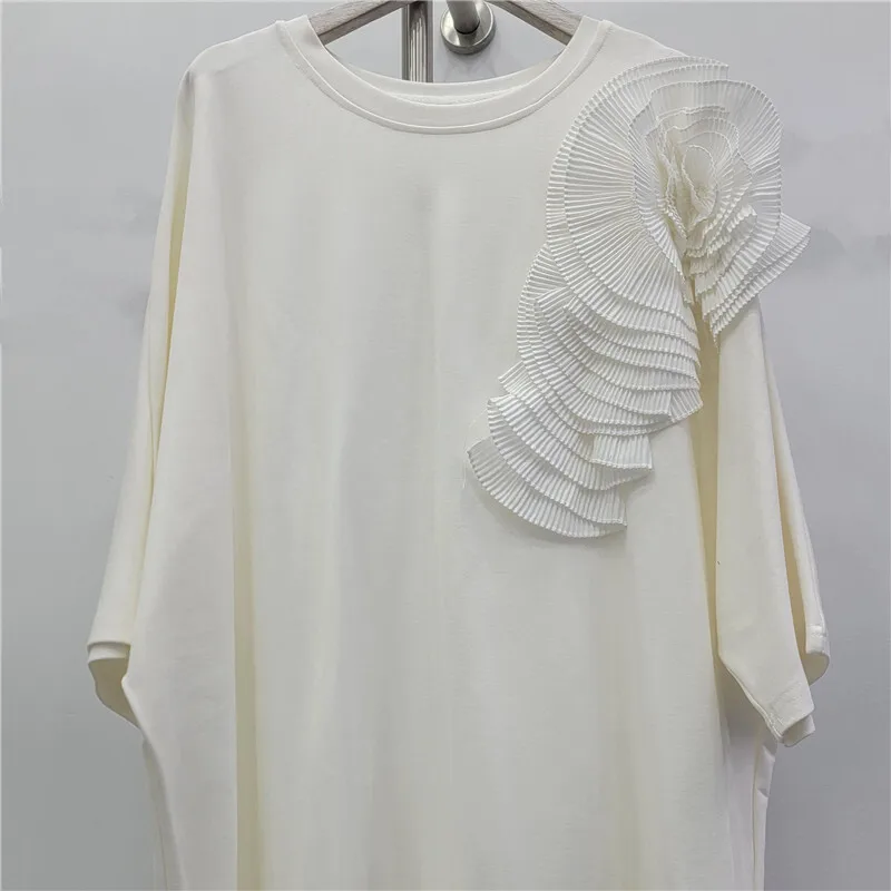 HKSH 春夏新作 レディース ワンピース Oネック 半袖 立体フリル スパンコール タッセル シック オーバーサイズ ワンピース HK16777