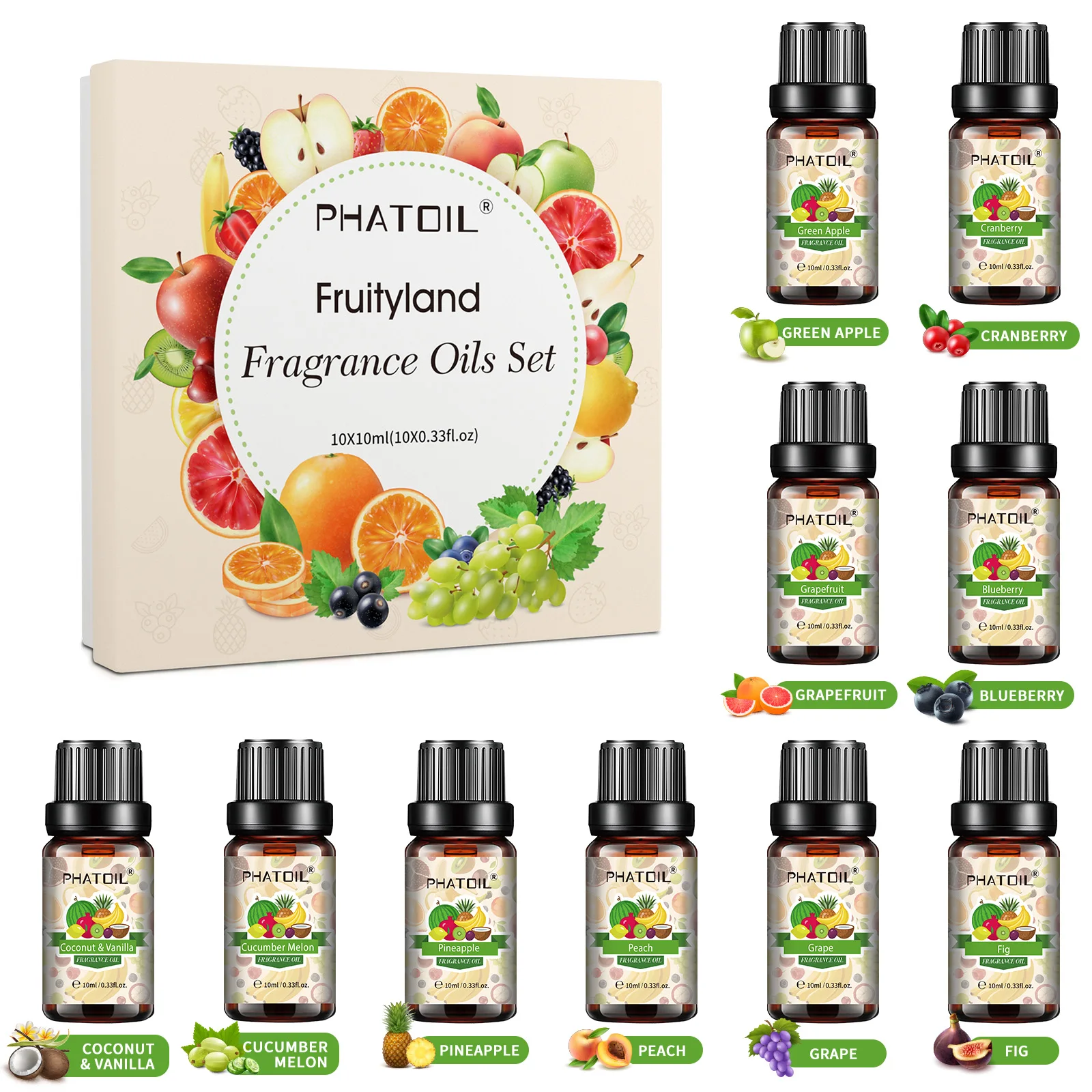 

PHATOIL 10PCS Fruit Fragrance Oils Set- 10ml Pineapple Peach Cranberry Cucumber Melon Green Apple Grape Blueberry Grapefruit Fig